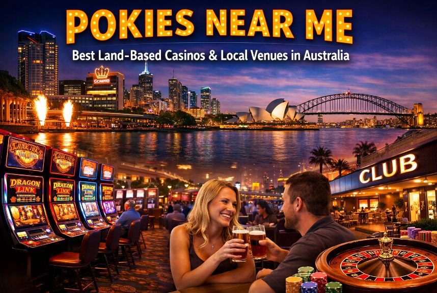 Pokies near me Australia casino scene with slot machines, Sydney Opera House, Harbour Bridge, roulette table and lively land-based gaming venue atmosphere at night