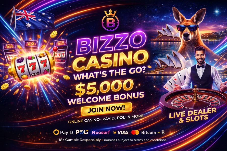 Australian online casino ad for Bizzo Casino featuring $5,000 welcome bonus, live dealer roulette, slot machines, PayID and POLi payments, Sydney Opera House and kangaroo imagery