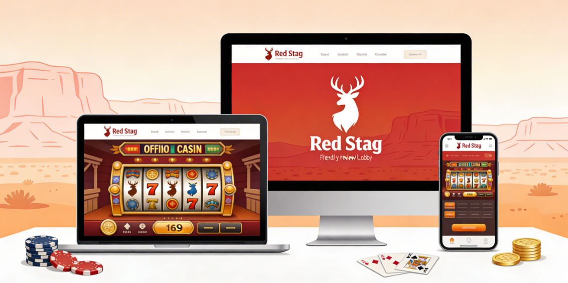 Light coloured online casino hero image with laptop and phone showing stag themed lobby for Aussie players - Red Stag Online Casino