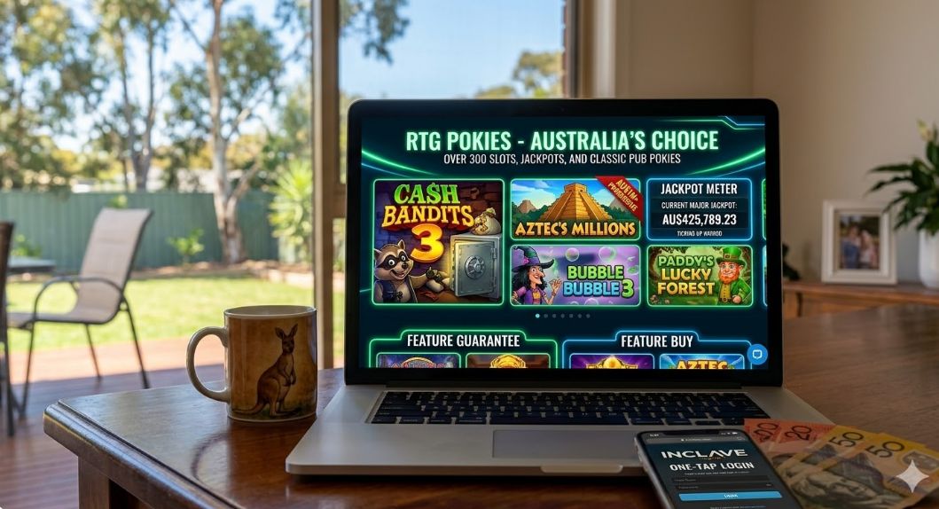 A laptop on a wooden table in a sunny Australian home showing the RTG Pokies software interface, featuring popular games like Cash Bandits 3 and Aztec's Millions, alongside an Inclave login on a smartphone and Australian currency.