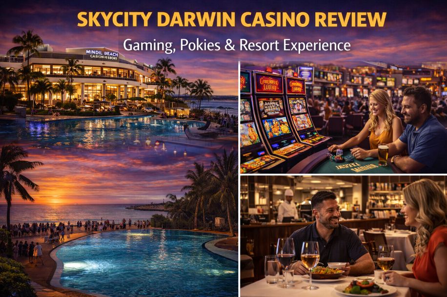 SkyCity Darwin casino resort photo montage showing Mindil Beach Casino exterior, pokies gaming floor, sunset pool view and restaurant dining in Darwin Northern Territory Australia
