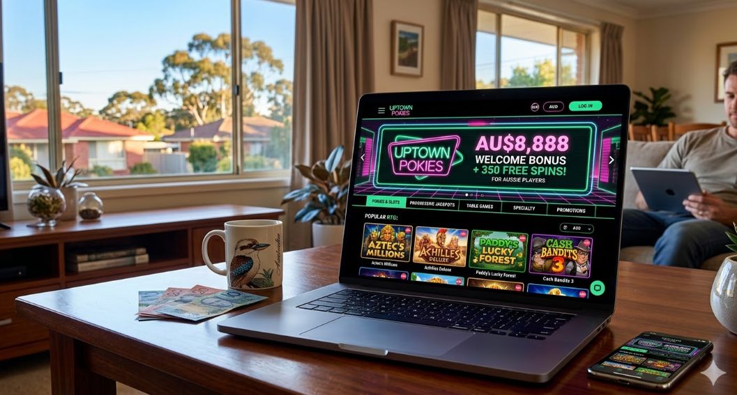 A laptop on a wooden table in an Australian home, displaying the Uptown Pokies casino website with an AU$8,888 welcome bonus and popular RTG pokie games like Aztec's Millions, alongside a kangaroo mug and Australian dollar notes.