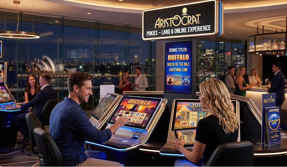 A modern Australian gaming lounge in Sydney featuring players on Aristocrat pokie machines with digital displays of Buffalo and Queen of the Nile slots, overlooking the Sydney Opera House at night.