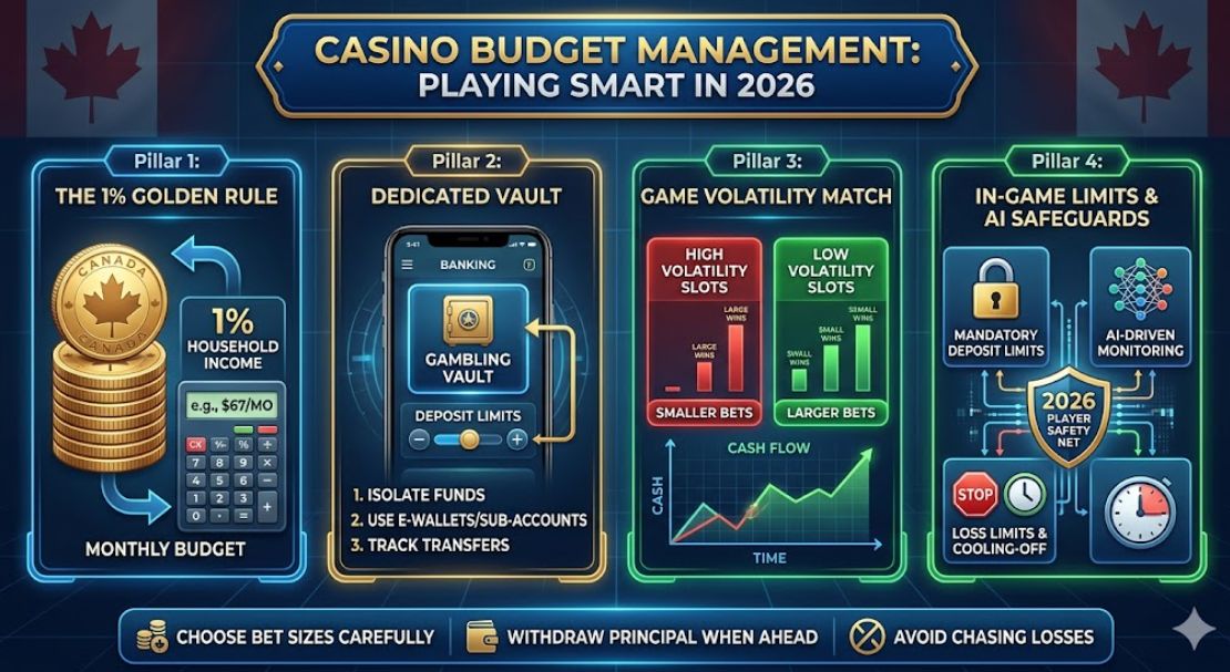 A comprehensive professional infographic titled 'CASINO BUDGET MANAGEMENT: PLAYING SMART IN 2026', detailing four pillars: 'The 1% Golden Rule' for household income calculation, 'Dedicated Vault' setup using E-Wallets/Sub-Accounts, 'Game Volatility Match' comparing High versus Low Volatility slots with bet size recommendations, and 'In-Game Limits & AI Safeguards' featuring 2026 player safety net tools, with final tips like 'WITHDRAW PRINCIPAL WHEN AHEAD', set against a blue and gold background with Canadian maple leaf accents.