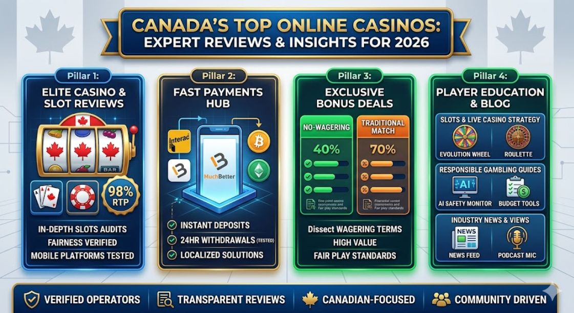 A professional infographic for a Canadian casino guide showing four pillars: Elite Casino & Slot Reviews, Fast Payments Hub, Exclusive Bonus Deals, and Player Education & Blog, featuring Canadian maple leaf slot symbols and 2026 regulatory standards.