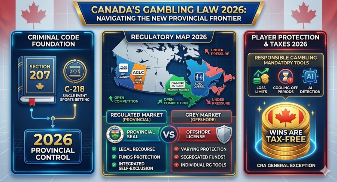 A professional infographic titled 'CANADA’S GAMBLING LAW 2026: NAVIGATING THE NEW PROVINCIAL FRONTIER', breaking down the Criminal Code Foundation (Sections 207, C-218), a Regulatory Map of provinces (Ontario open market, Alberta open market, others government monopoly), and comparison of Regulated Market (Provincial) versus Grey Market (Offshore), with details on Player Protection & Taxes (Mandatory RG Tools, Wins are Tax-Free), set against a blue and gold background with map outlines and Canadian maple leaves.