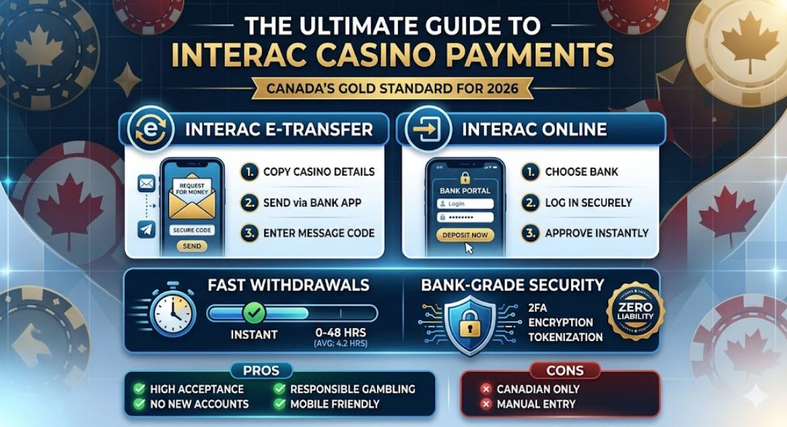 A professional infographic titled 'THE ULTIMATE GUIDE TO INTERAC CASINO PAYMENTS', displaying step-by-step instructions for Interac e-Transfer and Interac Online deposits, features of 'FAST WITHDRAWALS' and 'BANK-GRADE SECURITY', and a summary of 'PROS' and 'CONS', all set against a background of Canadian maple leaf poker chips.