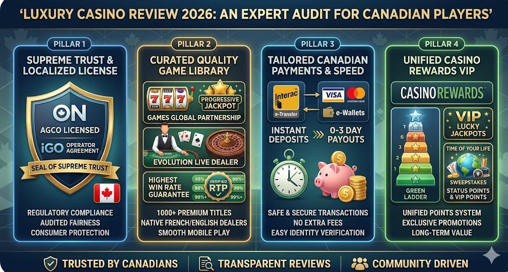 Luxury Casino review 2026 infographic for Canadian players showcasing AGCO and iGO licensing, curated premium games with high RTP, fast Interac and e‑wallet payouts, and Casino Rewards VIP loyalty benefits.