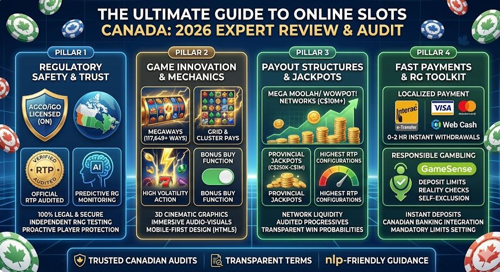 Ultimate guide to online slots Canada 2026 infographic showing four pillars: AGCO/iGO licensed safety, innovative Megaways and grid slots, jackpot payout structures, and fast Interac, Visa and GameSense responsible gambling tools for Canadian players.