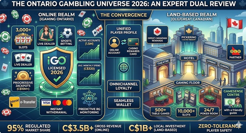 Ontario gambling universe 2026 infographic comparing iGaming Ontario online casinos with land‑based OLG and Great Canadian venues, showing iGO licensing, 3,000+ slots, instant Interac withdrawals, 10,000+ slots, table games and unified rewards program for players.