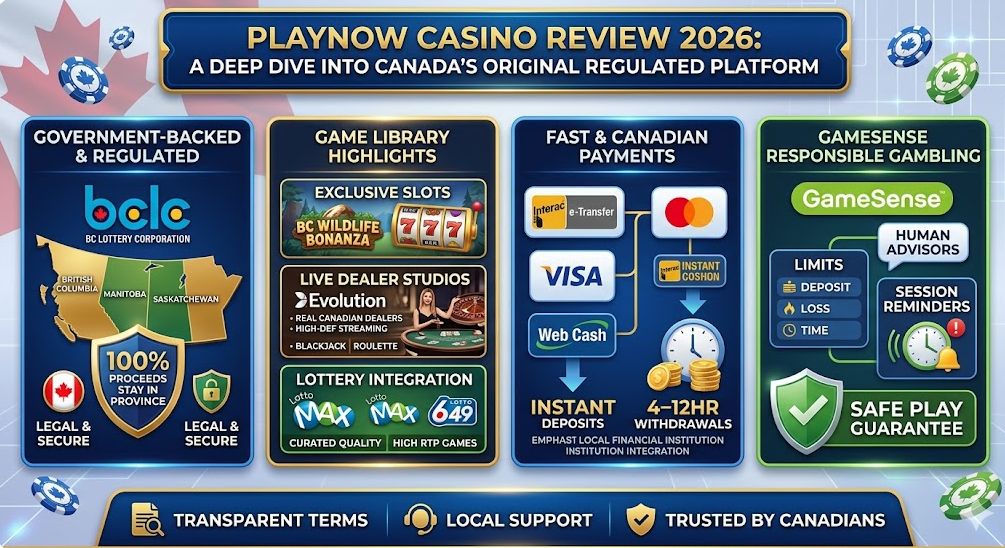 PlayNow Casino review 2026 infographic highlighting government‑backed BCLC licensing in British Columbia, Manitoba and Saskatchewan, exclusive slots and live dealer games, fast Canadian payment methods, and GameSense responsible gambling tools