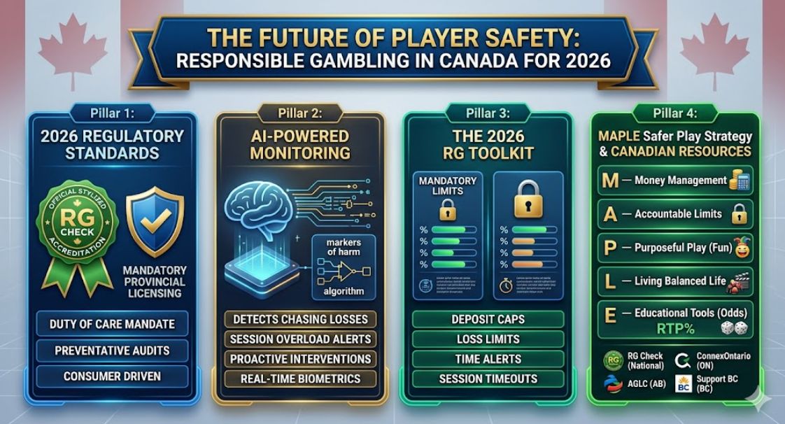 A comprehensive professional infographic titled 'THE FUTURE OF PLAYER SAFETY: RESPONSIBLE GAMBLING IN CANADA FOR 2026', detailing four distinct pillars of strategy with glowing digital interfaces and Canadian maple leaf motifs: 'Pillar 1: 2026 REGULATORY STANDARDS' with an official green 'RG CHECK ACCREDITATION' seal and a 'MANDATORY PROVINCIAL LICENSING' shield; 'Pillar 2: AI-POWERED MONITORING' illustrating a digital brain connected to a 'markers of harm algorithm' diagram for proactive interventions and real-time biometrics; 'Pillar 3: THE 2026 RG TOOLKIT' showing a panel with four distinct toggle switches for mandatory limits: 'DEPOSIT CAPS', 'LOSS LIMITS', 'TIME ALERTS', and 'SESSION TIMEOUTS'; 'Pillar 4: MAPLE Safer Play Strategy & CANADIAN RESOURCES', presenting five stacked circular icons labeled 'M—Money Management', 'A—Accountable Limits', 'P—Purposeful Play (Fun)', 'L—Living Balanced Life', and 'E—Educational Tools (Odds)', followed by a vertical column of logos for support organizations: 'RG Check (National)', 'ConnexOntario (ON)', 'AGLC (AB)', and 'Support BC (BC)' with a '24/7 HELPLINE 1-866-332-2322' icon below. The entire composition uses deep blues, gold, and vibrant green accents on a subtle geometric grid background with maple leaves, optimized for a professional Canadian iGaming review homepage banner in 2026.
