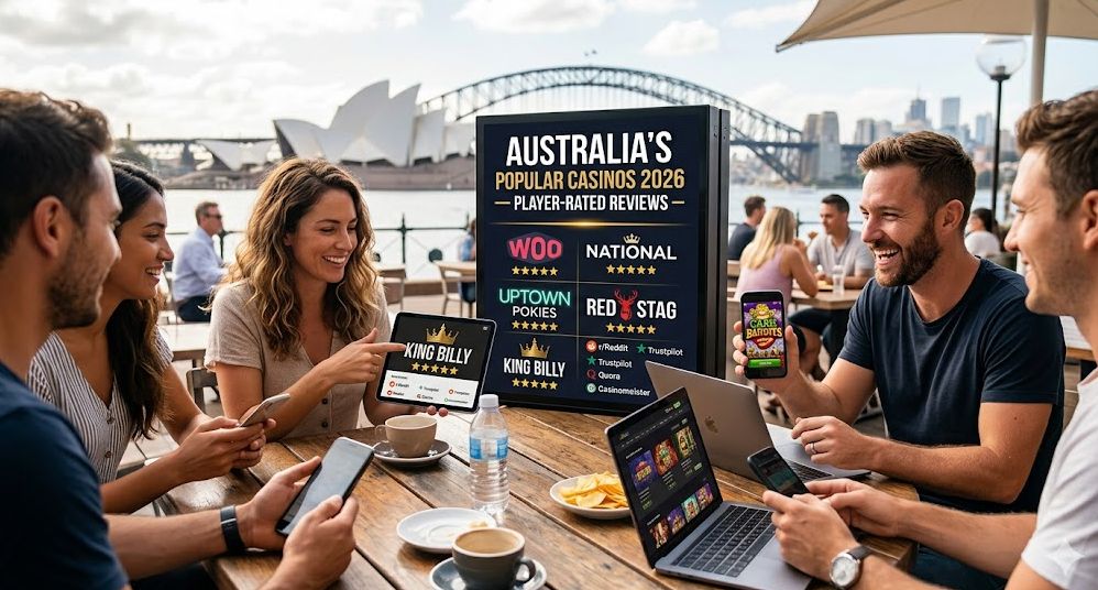 A group of friends at an outdoor Sydney cafe discussing a comparison table of popular Australian online casinos for 2026, featuring player-rated reviews for Woo, National, Uptown Pokies, Red Stag, and King Billy.