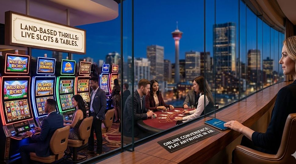 A luxury Alberta casino resort interior overlooking the Calgary skyline, showcasing a mix of live blackjack tables, 'Wild Rose Riches' slot machines, and a player using a mobile device for online gambling.