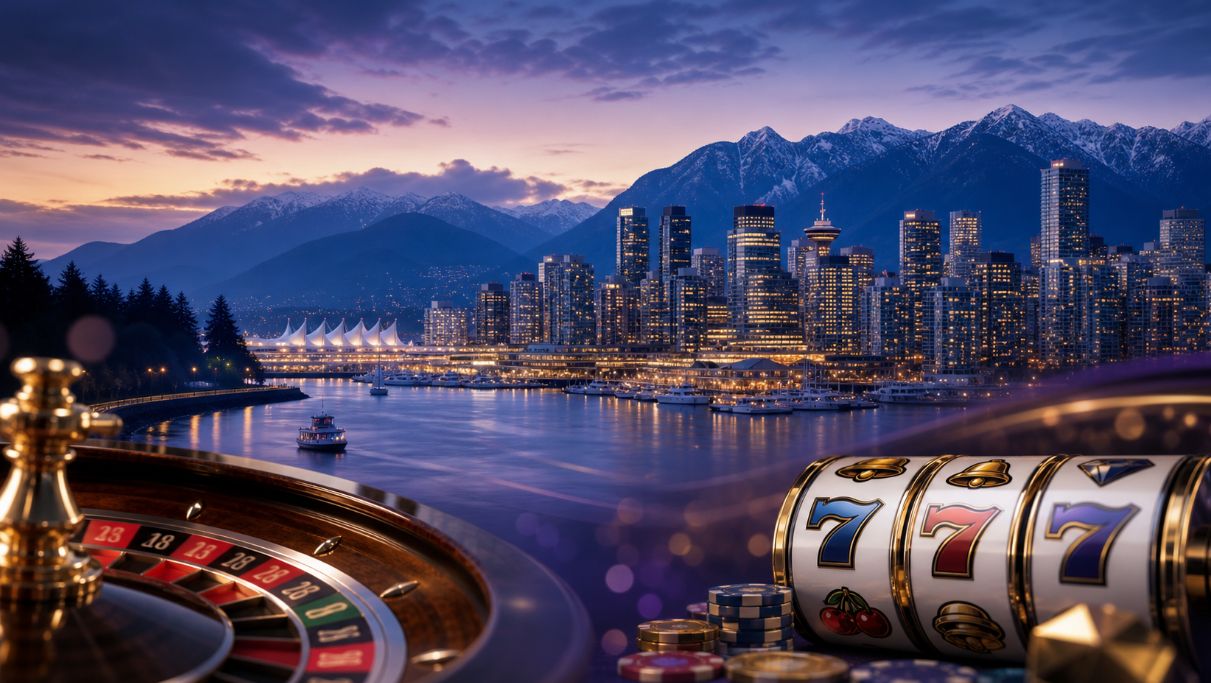 Vancouver waterfront night view blended with casino slot reels for BC casino guide banner