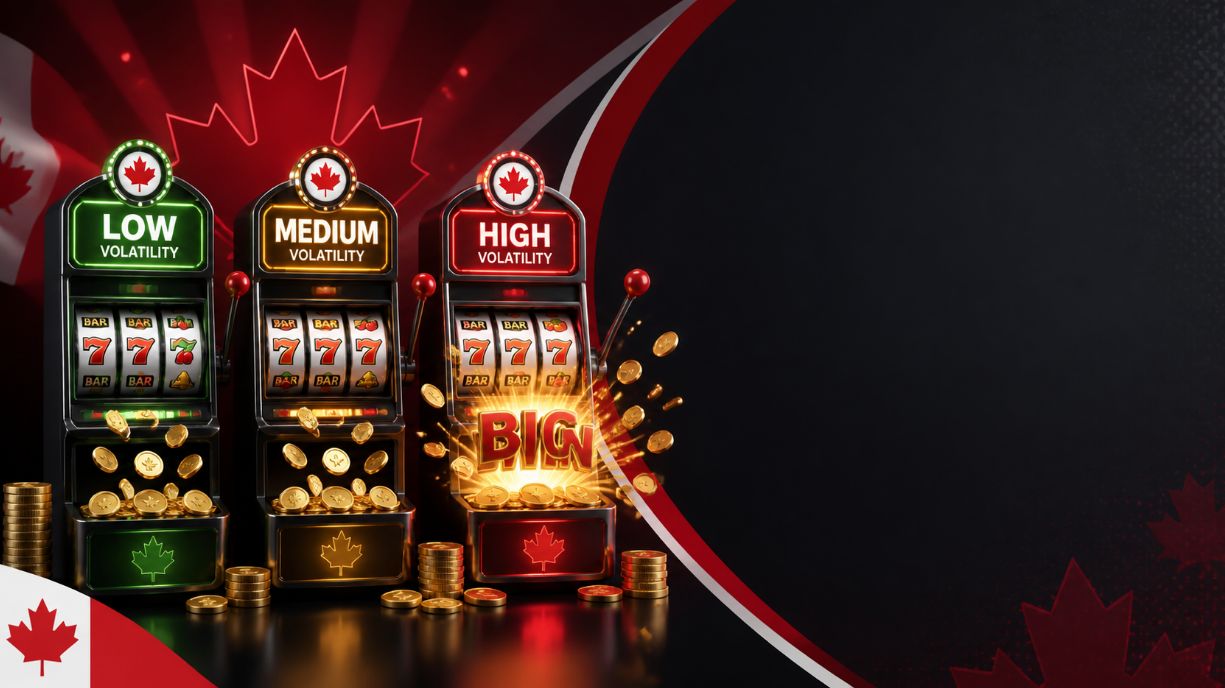 Canadian online casino slot volatility banner showing three slot machines labeled low, medium and high volatility with different coin payouts and maple leaf accents
