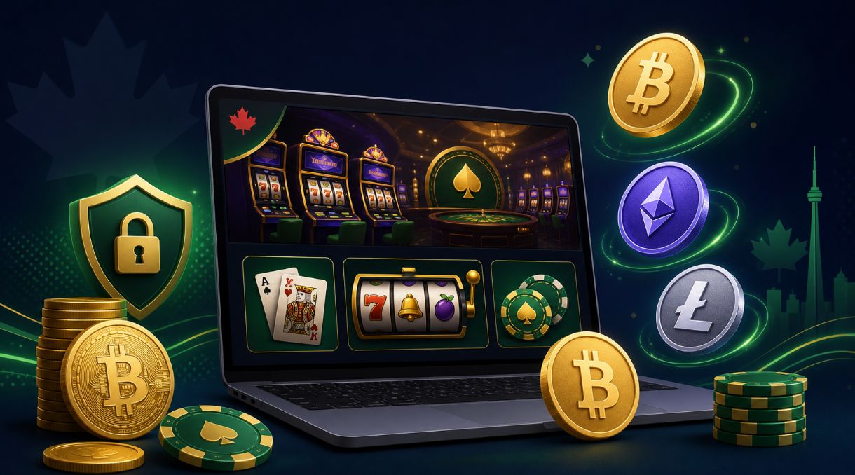 Crypto payments at Canadian online casinos – laptop with casino lobby, Bitcoin, Ethereum and Litecoin coins floating on dark navy background with subtle maple leaf icon for Canada gaming theme