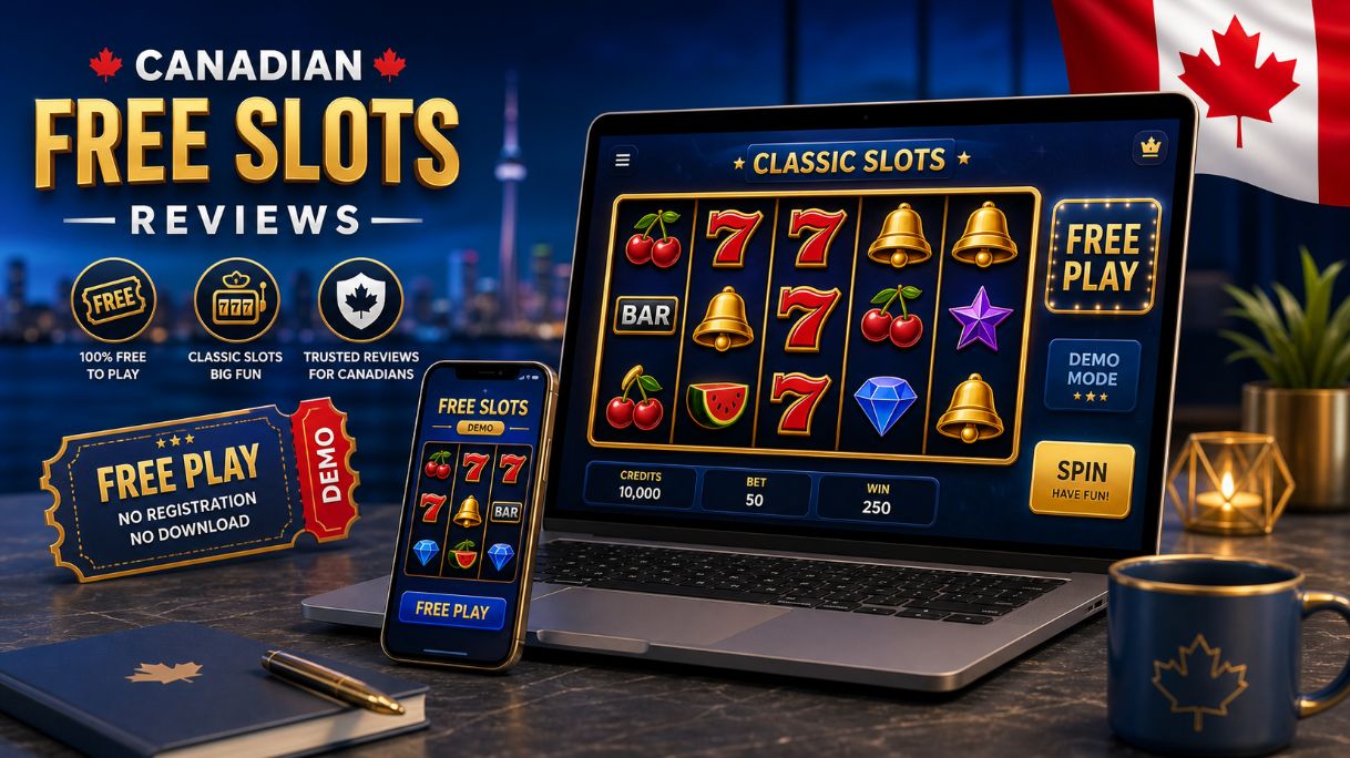 Canadian free online slots image with classic slot symbols on mobile and desktop screens and subtle free play demo icons