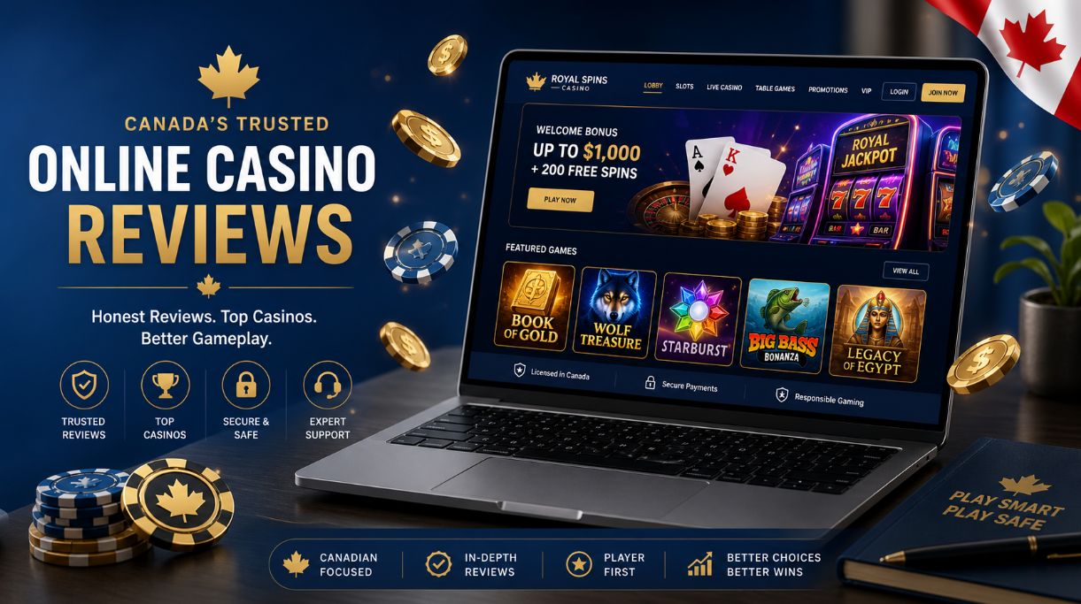 Canadian low minimum deposit casino review banner with a casino interface on a laptop, chips, coins, and blue and gold design