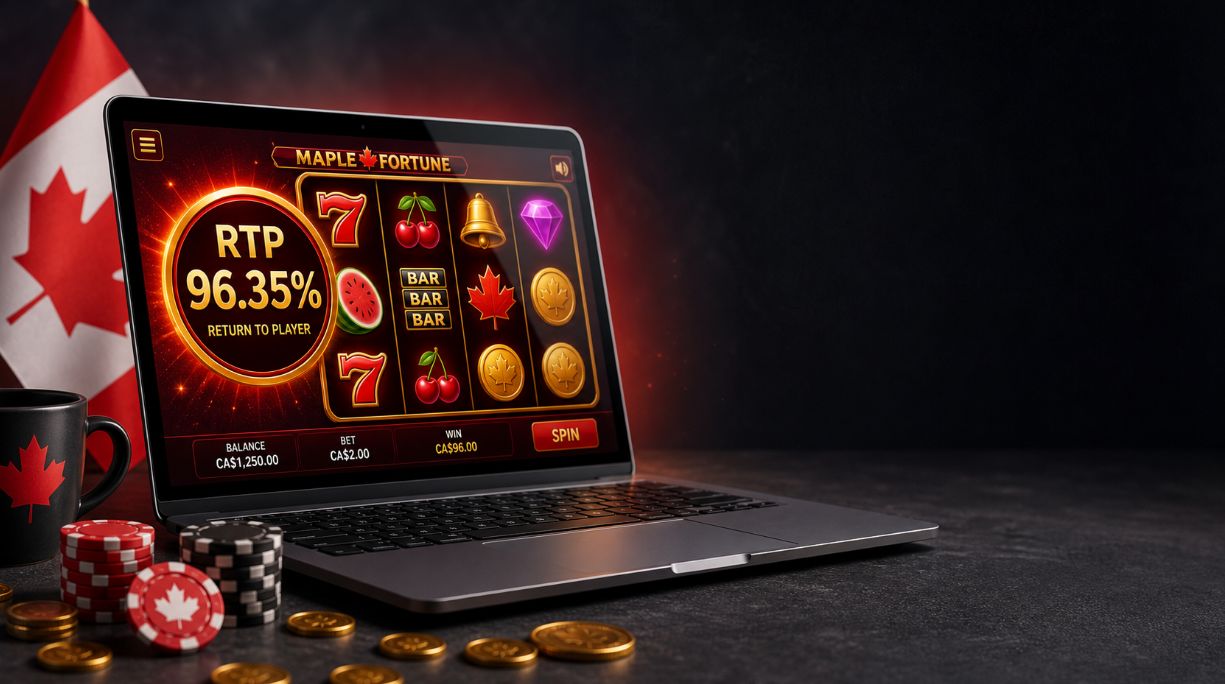 Canadian online casino RTP guide banner showing a laptop with colourful slot reels, coins, chips and a maple leaf accent