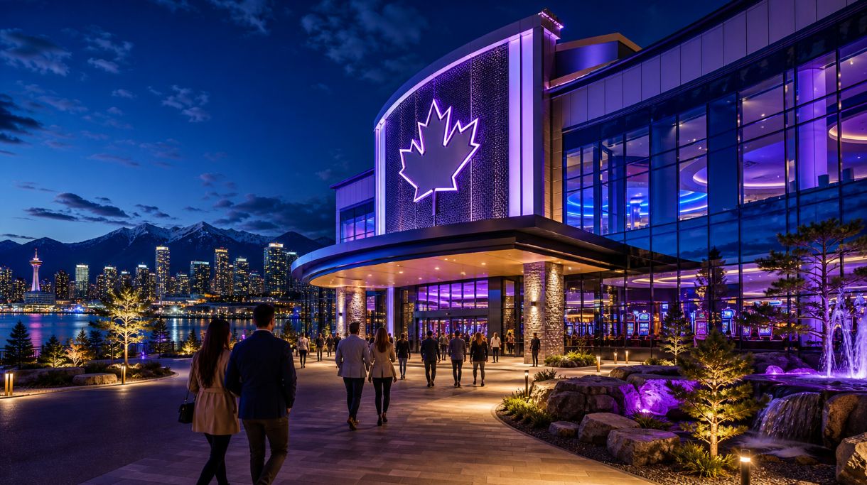 Canadian land based casino resort at night with modern glass exterior, blue and purple LED lights and maple leaf signage for Canada casino review page