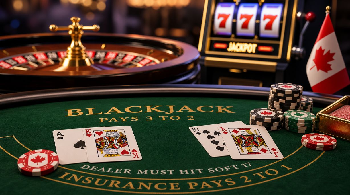Casino blackjack table with cards, chips, roulette wheel and slot machine in a Canadian online casino setting