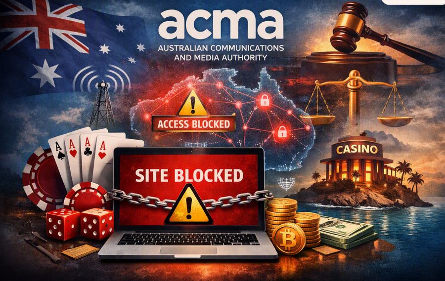 Digital illustration showing ACMA enforcement in Australia with blocked casino site, poker chips, cards, Bitcoin, and regulatory symbols representing online gambling restrictions.