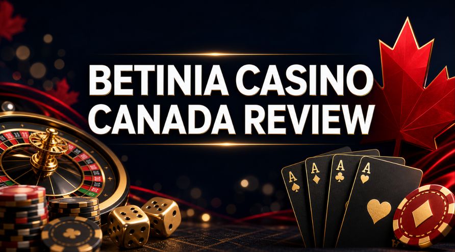 Betinia Casino Canada review featuring online slots, roulette, playing cards and Canadian maple leaf design