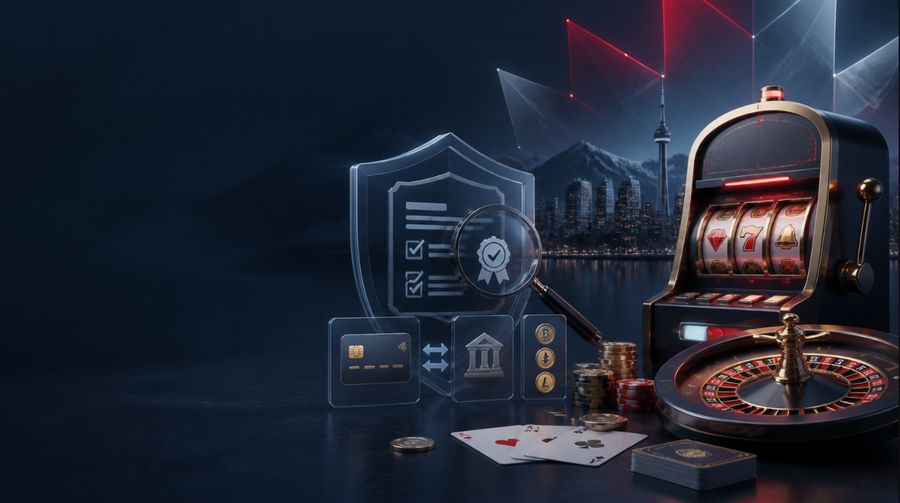 Offshore online casino guide illustration with slot machine, roulette, payment options and security checks for Canadian players