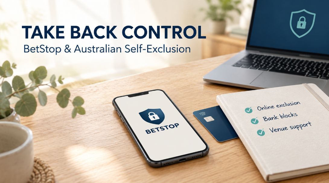 Smartphone displaying BetStop beside a bank card, laptop and checklist for online exclusion, bank blocks and venue support.