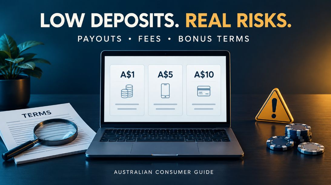 Laptop comparing A$1, A$5 and A$10 casino deposits beside a terms document and warning symbol, beneath the headline “Low Deposits. Real Risks.”